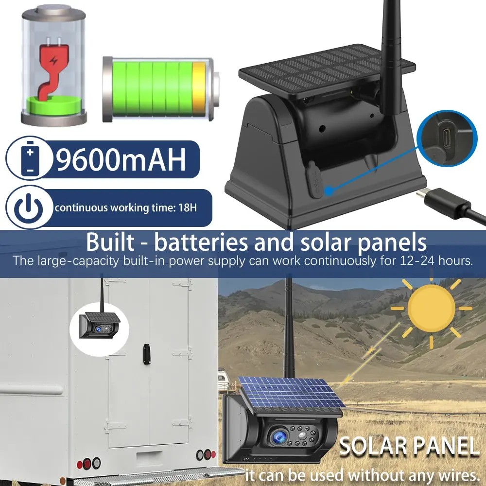 magnetisk ryggeparkeringskamera med batteri og solcellepanel